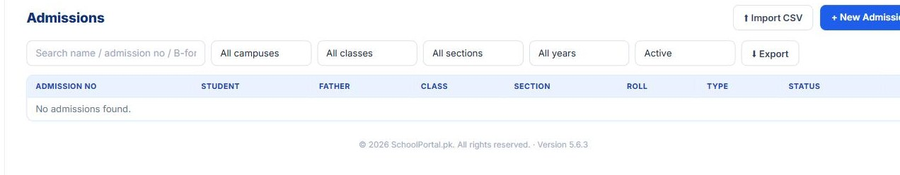 Admissions screen