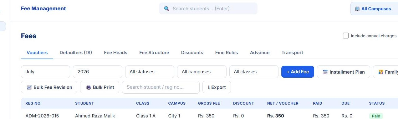 Fee management screen